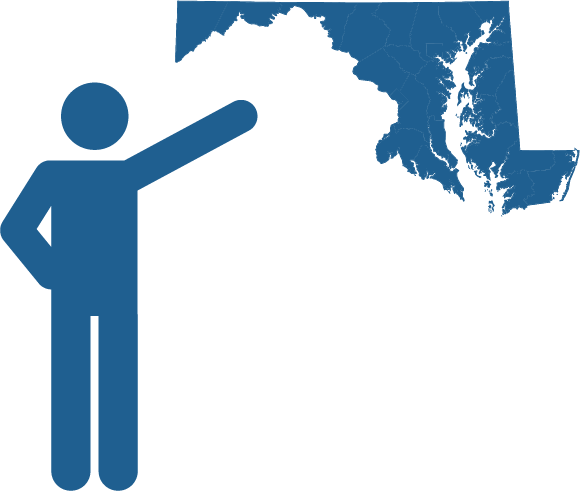 Stick figure person pointing to outline of the State of Maryland